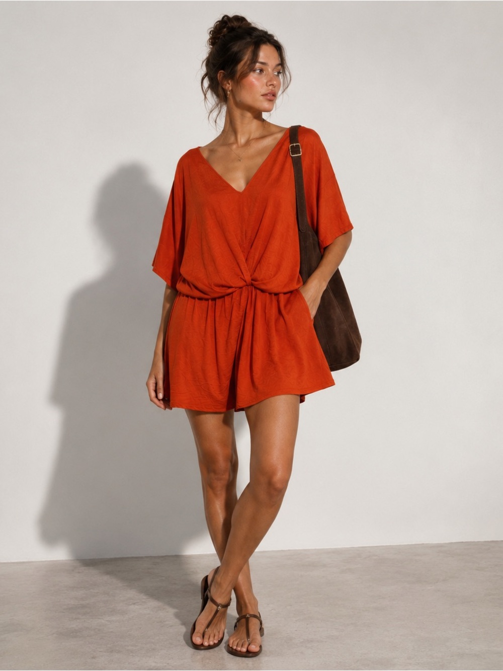 Vintage Zara TRF Burnt Orange Draped Mini Dress w/ Inner Slip Boho Tunic M